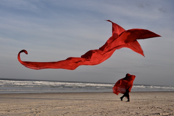 Ruth Whiting with red Flowx silk kite by Tim Elverston at Anastasia Beach Florida