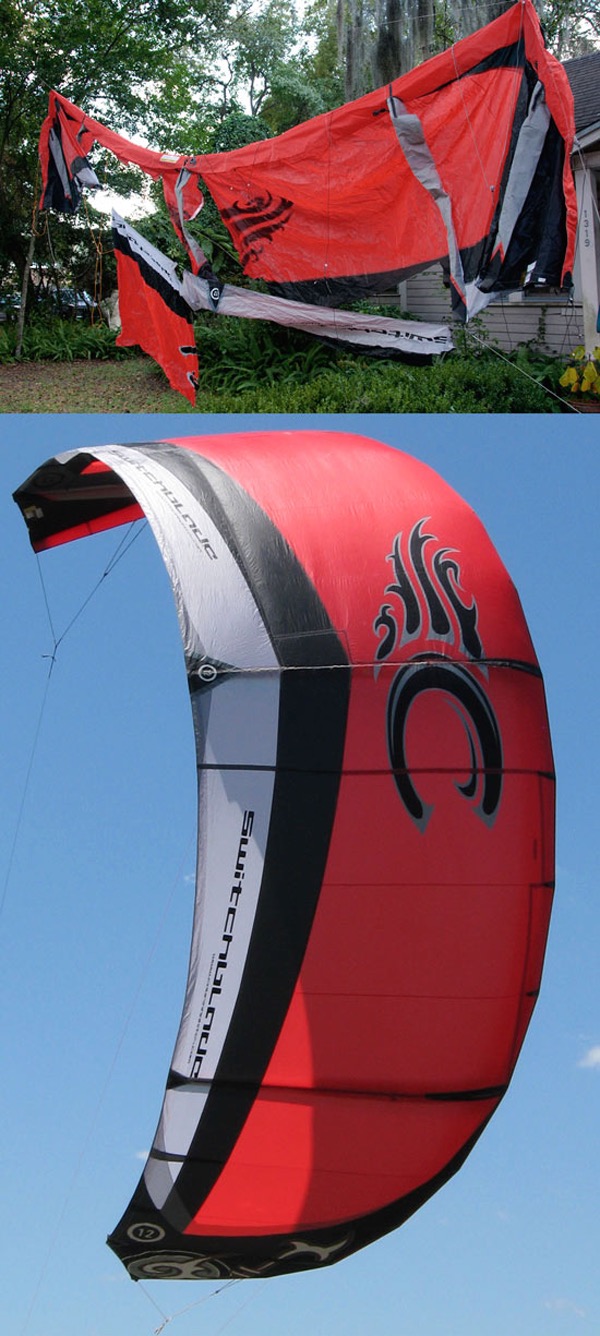 Red Cabrinha purchased on ebay and sent to windfire designs for repair on an extensively damaged kite surfing kite