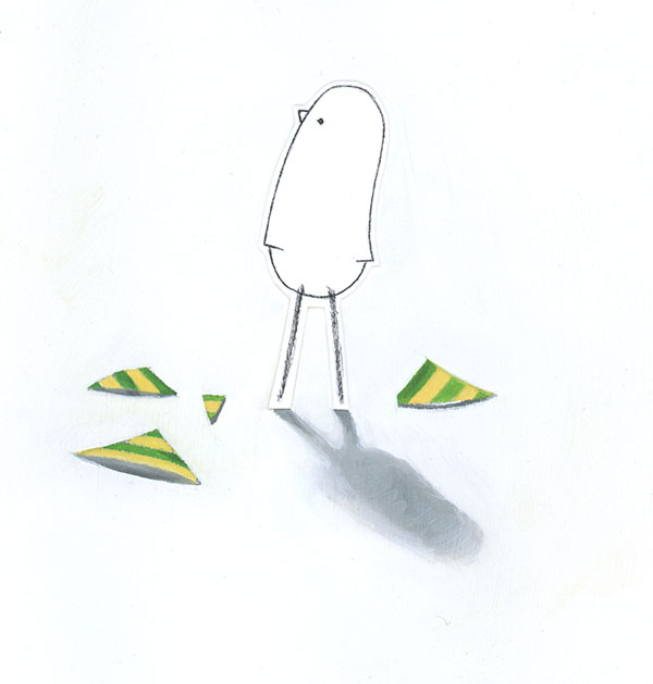 Lonely Bird standing among tape scraps - this image is from her first book