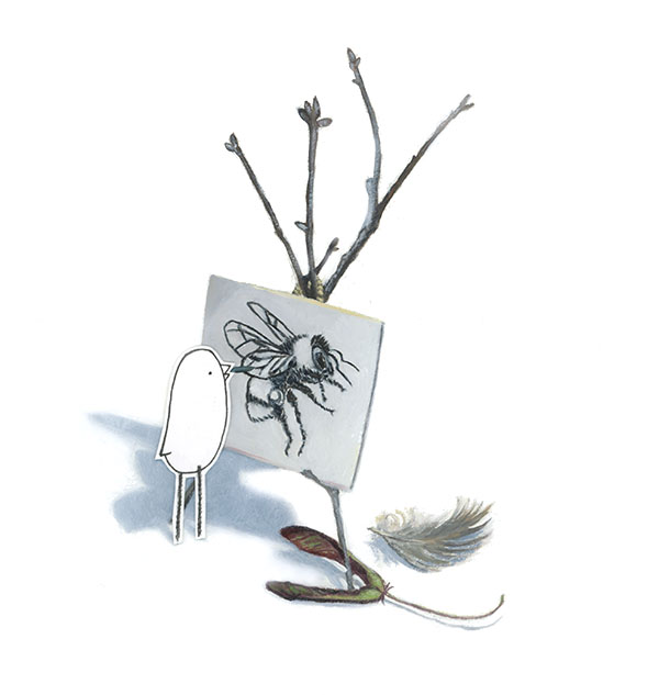 Lonely Bird drawing a picture of a bee - painting in oil by Ruth Whiting from her book series Lonely Bird