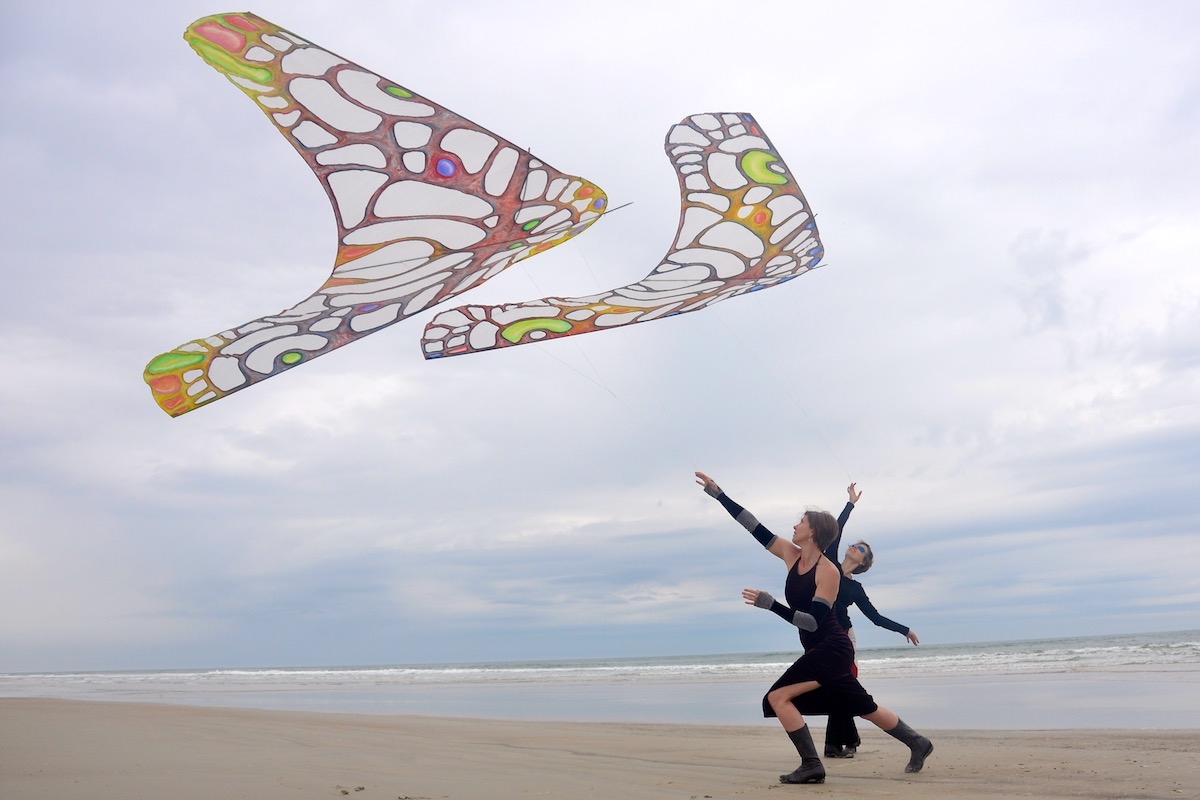 Morpho Glider kites designed by Tim Elverston and painted by Ruth Whiting.  Flown by Ruth Whiting and Cameron Richardson at anastasia beach FL